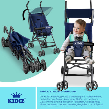 Kinderwagen CITY Buggy Kinderbuggy klappbar Sportwagen Faltbar 360° 4-Zoll-Räder Inkl. Sonnen- und Regenverdeck zusammenklappbar 5-Punkt-Sicherheitsgurt ab 6 Monate, Blau/Navy