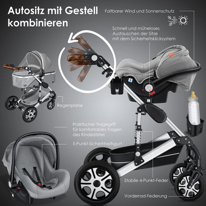 KESSER® Loops 3 in 1 Kinderwagen Kombikinderwagen Komplett-Set inkl. Babywanne & Buggy Sportsitz & Auto-Babyschale Voll-Gummireifen Wickeltasche Regenschutz Kindertisch ECE R129, Schwarz/Champagne - Meloni2