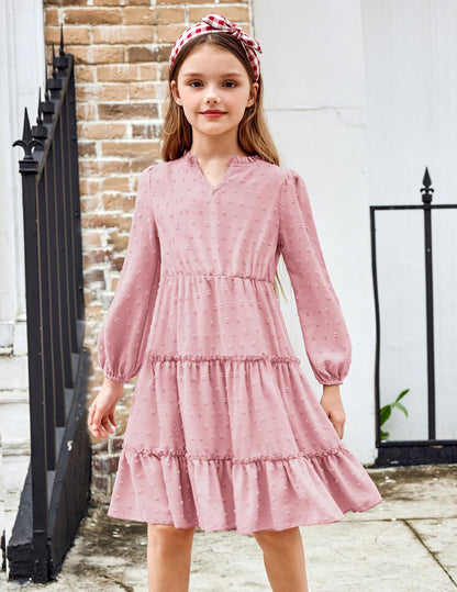 Arshiner Dress Girls Festive Flounce V-Neck Long Sleeve Dress Swiss Dot Chiffon Dress Children Tiered Dress A-Line Party Dress Wedding Princess Dress Swing Skater Dress 5-12 Years 