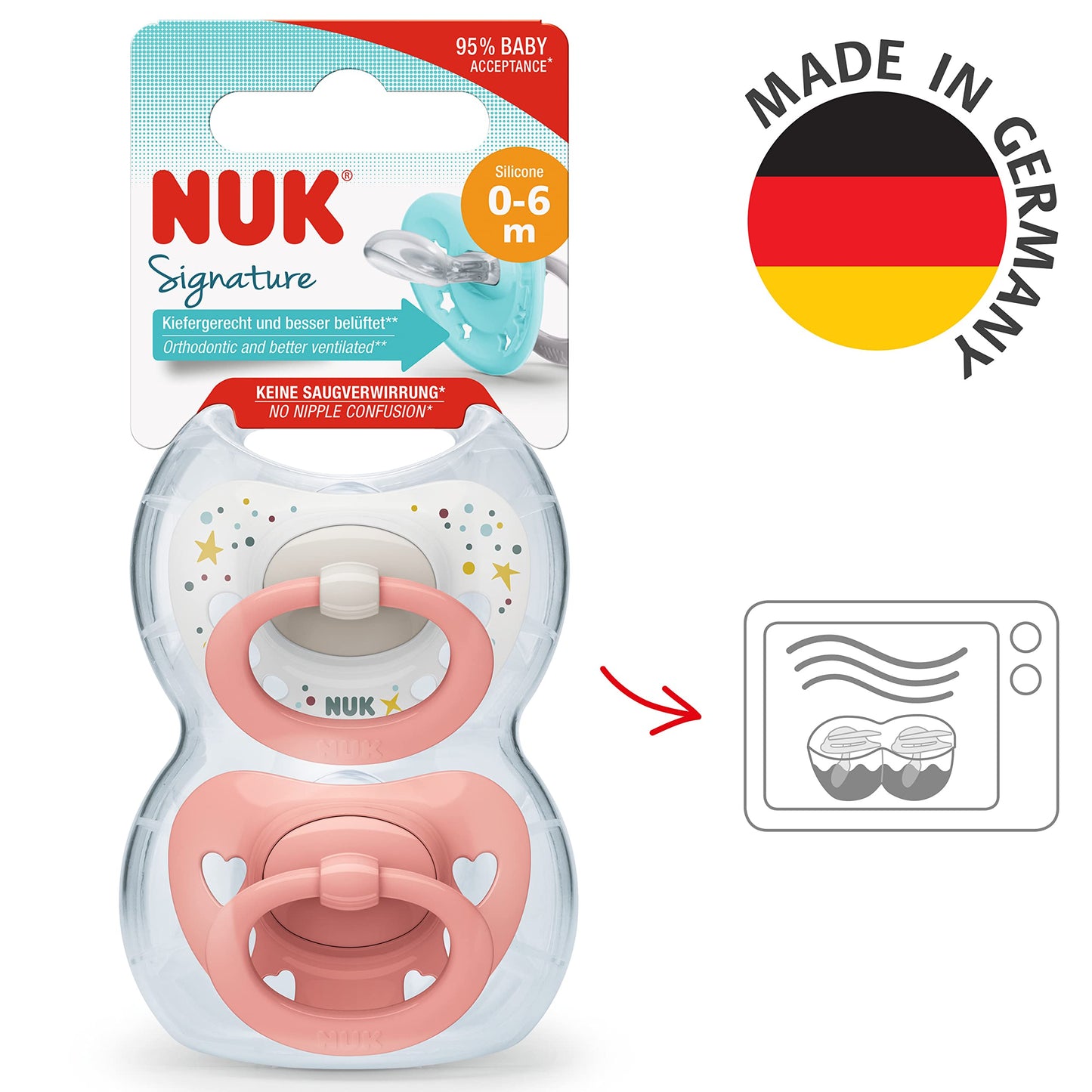 NUK Signature Baby Pacifier | 0-6 Months | Soothes 95% of Babies | BPA Free Silicone Heart-Shaped Pacifier | With Case | Green Stars | Pack of 2