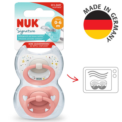 NUK Signature Baby Pacifier | 0-6 Months | Soothes 95% of Babies | BPA Free Silicone Heart-Shaped Pacifier | With Case | Green Stars | Pack of 2