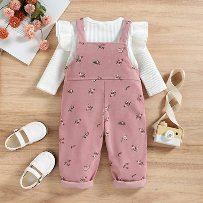 Baby Mädchen Kleidung gerippte Stricken Langarm Tops Blumenmuster Hosenträger Hosen mit Tasche Outfits Sets