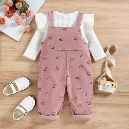Baby Girls' Clothing Ribbed Knit Long Sleeve Tops Floral Pattern Braces Trousers with Pocket Outfits Sets