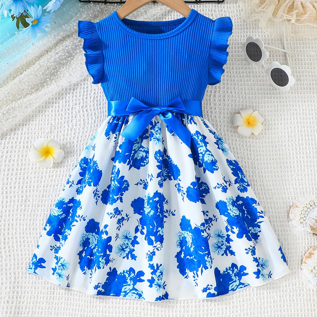 Codkkre Girls Dress Flowers Bowknot Kids Dresses Ruffle Sleeves A-Line Girls Dress Summer Easter Girls Dress Round Neck 104 110 116 122 128 