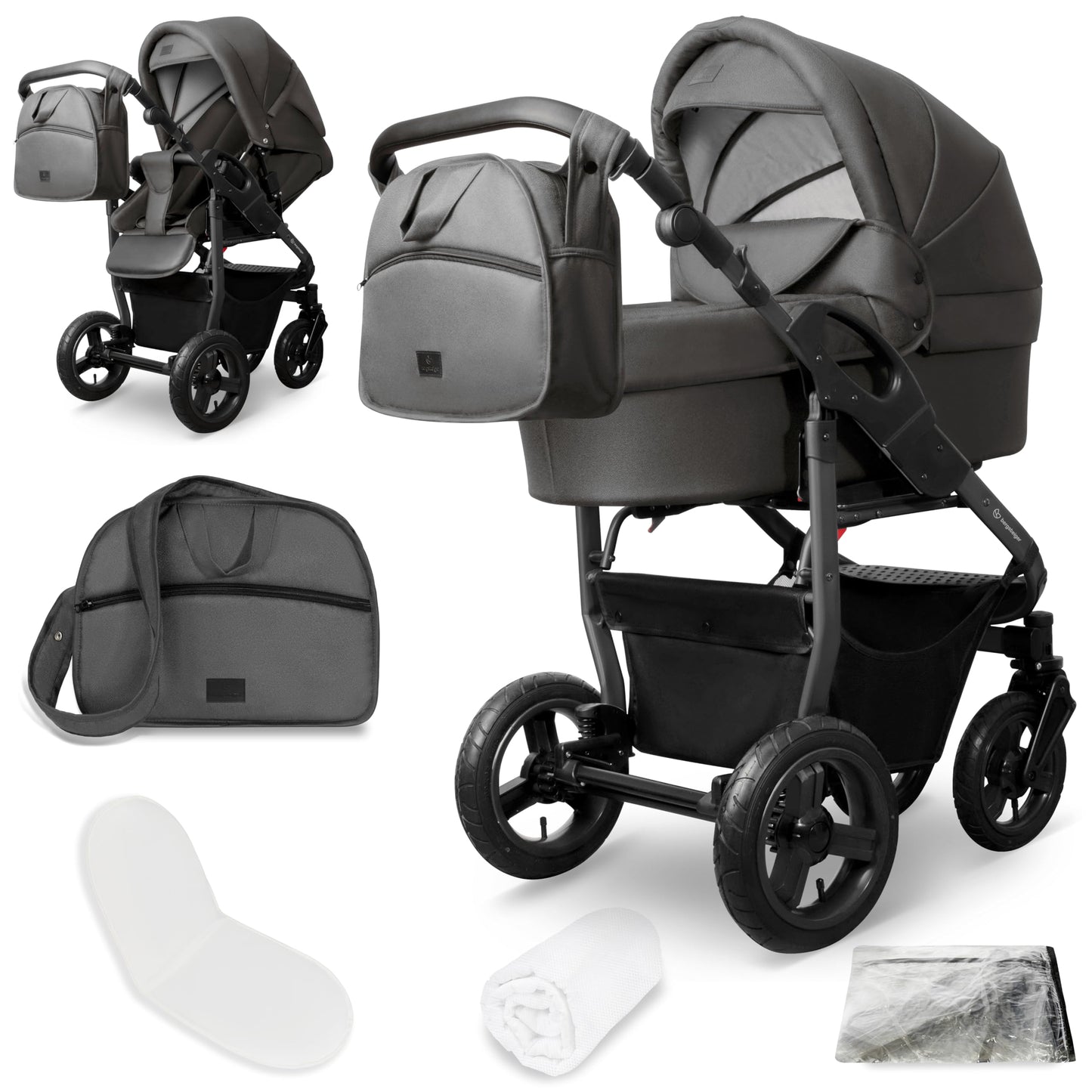 Bergsteiger Capri 3-in-1 Combination Pushchair - Baby Carrier, Sports Seat & i-Size Baby Seat, Pneumatic Tyres, Suspension, Height-Adjustable Handle, Foldable, Accessories