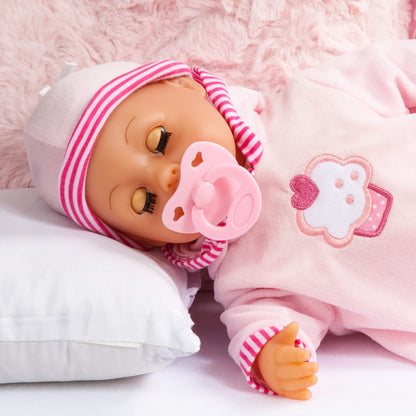 Babypuppe First Words mit Schlafaugen, spricht 24 Babylaute, mit Schnuller und Flasche, 38 cm, Rosa/Streifen