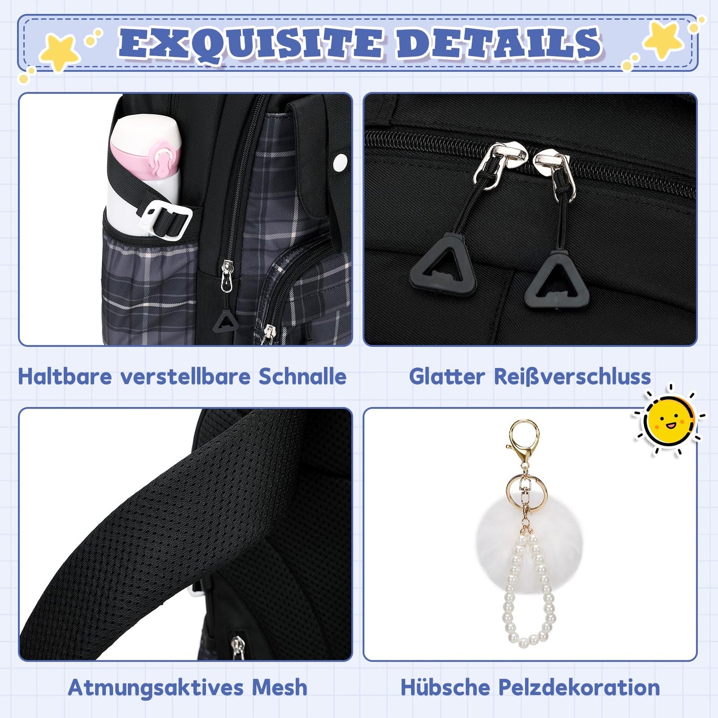 Rucksack mädchen 22L ergonomisch mit reflektierenden Streifen | Wasserdichtes Karogewebe, atmungsaktives 3D-Rückenpolster, zahlreiche getrennte Fächer, passend für 15,6-Zoll-Laptops