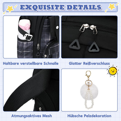 Rucksack mädchen 22L ergonomisch mit reflektierenden Streifen | Wasserdichtes Karogewebe, atmungsaktives 3D-Rückenpolster, zahlreiche getrennte Fächer, passend für 15,6-Zoll-Laptops