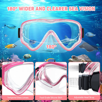 UPhitnis Kinderschnorchelset mit Flossen, Antibeschlag 180° Panorama Taucherbrille, verstellbare Schwimmflossen und Premium Dry Schnorchel, 3-in-1 Schnorchelset für Kinder mit Tragetasche
