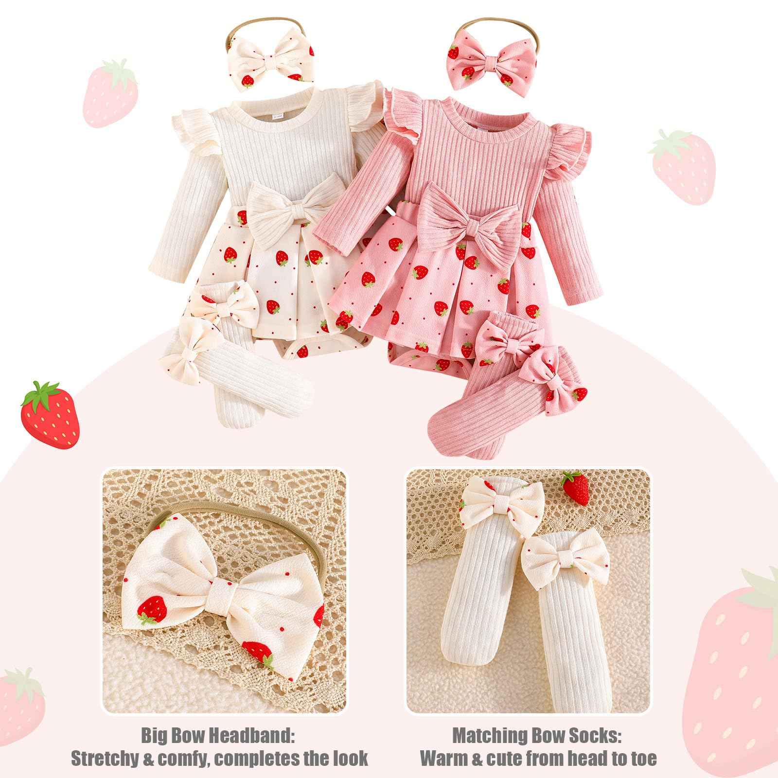 Winmany Strawberry Baby Girls Bodysuit with Sock Bow Headband Newborn Long Sleeve Bodysuit Autumn Winter Spring Jumpsuit Photography Props Clothes