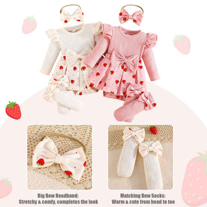 Winmany Strawberry Baby Girls Bodysuit with Sock Bow Headband Newborn Long Sleeve Bodysuit Autumn Winter Spring Jumpsuit Photography Props Clothes