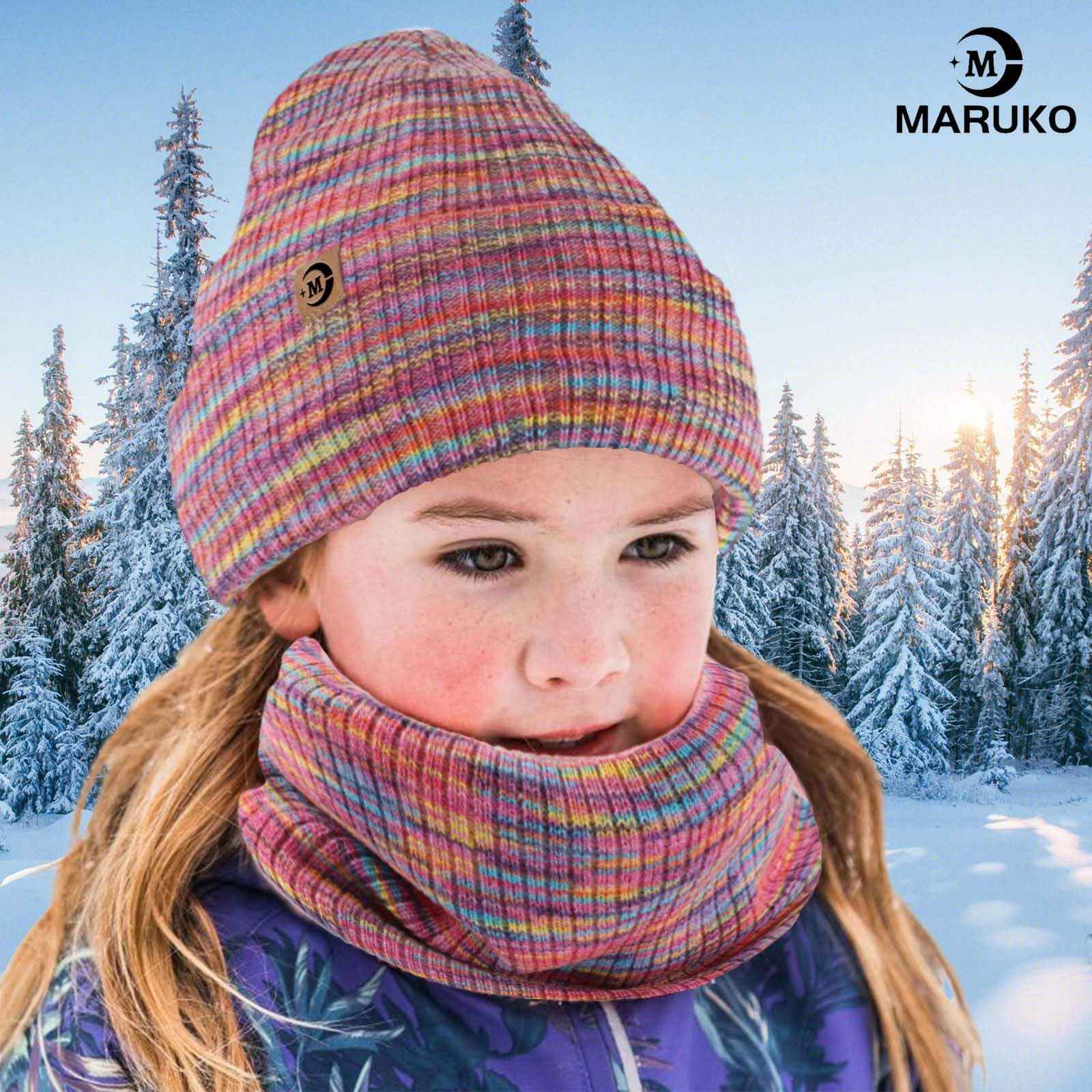 MARUKO Children's Winter Hat Scarf Gloves Set 3 in 1, Toddler Knitted Beanie Neck Warmer, Thick Fleece Thermal Knit Hat Scarf Gloves Set for Children Aged 2-8