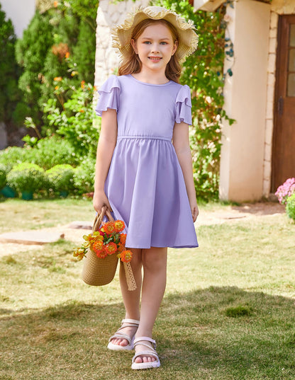 GRACE KARIN Girls Summer Dress Ruffle Short Sleeve Casual A-Line Princess Dress with Pockets Wedding Flower Girl Dresses 