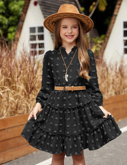 Arshiner Dress Girls Festive Flounce V-Neck Long Sleeve Dress Swiss Dot Chiffon Dress Children Tiered Dress A-Line Party Dress Wedding Princess Dress Swing Skater Dress 5-12 Years 