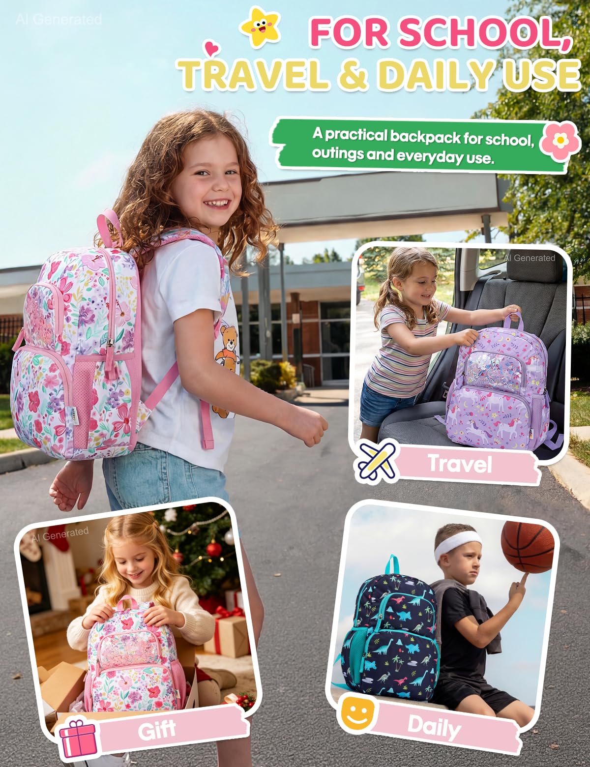 Kinderrucksack für Mädchen 5–8 Jahre, 12L Leichter & Wasserabweisender mit Brustgurt, Perfekt für Vorschule & Grundschule，Regenbogen
