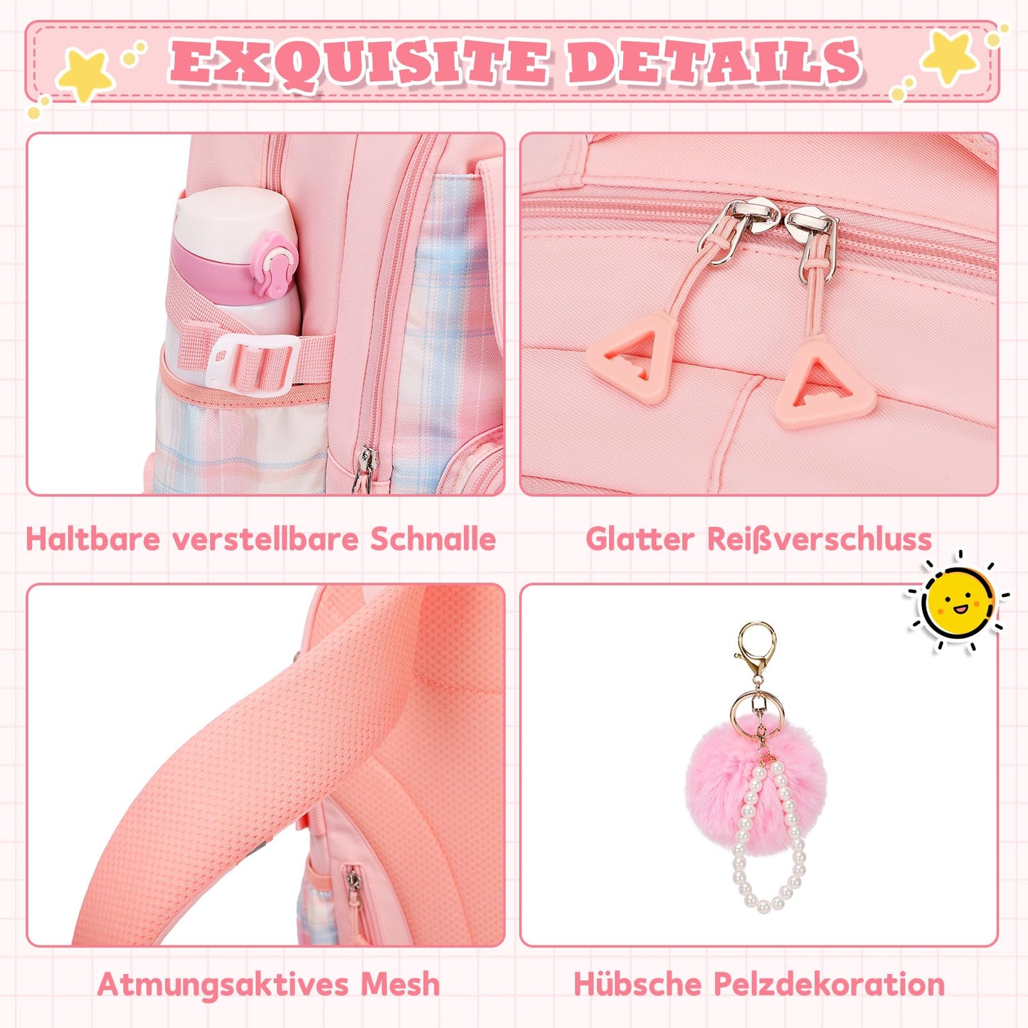 Rucksack mädchen 22L ergonomisch mit reflektierenden Streifen | Wasserdichtes Karogewebe, atmungsaktives 3D-Rückenpolster, zahlreiche getrennte Fächer, passend für 15,6-Zoll-Laptops