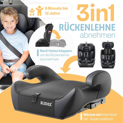 Autokindersitz mit Isofix i-Size R129 100-150cm bis 12 Jahre, Kinderautositz Gruppe 1/2/3, mitwachsender Kindersitz, 5-Punkt-Gurt & höhenverstellbare Kopfstütze, Sitzerhöhung Auto, Schwarz