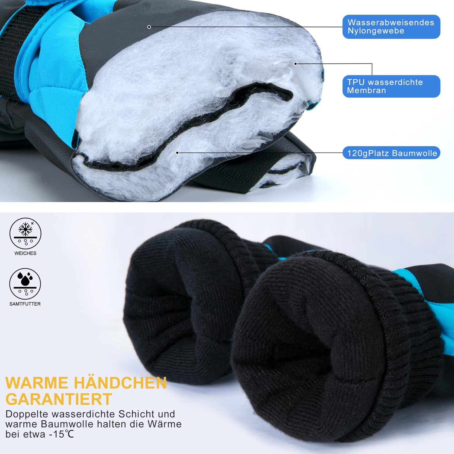 ThxToms Children's Ski Gloves, Winter Snow Ski Gloves, -15°C, Windproof, Waterproof, Warm, PU Thickened Cold Weather, Outdoor Sports, Snowboarding, Skiing, Bike, for Boys and Girls aged 3-13 Years Old