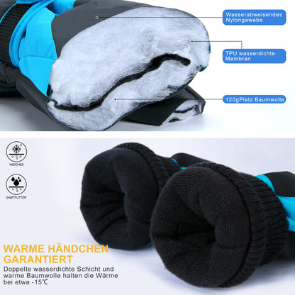 ThxToms Children's Ski Gloves, Winter Snow Ski Gloves, -15°C, Windproof, Waterproof, Warm, PU Thickened Cold Weather, Outdoor Sports, Snowboarding, Skiing, Bike, for Boys and Girls aged 3-13 Years Old