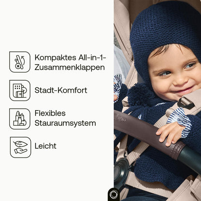 Bugaboo Dragonfly Plus Kinderwagen, kompakt und leicht optimal für die Stadt, Zusammenklappen mit einer Hand, wendbarer Sitz mit flacher Liegeposition, von Geburt bis Kleinkind, Desert Taupe