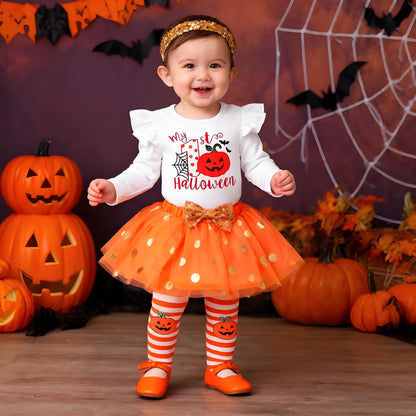 Baby Girl Halloween Outfit, My First Halloween Baby Girl Clothing, Halloween Outfit Baby, Newborn Halloween Baby Pumpkin Romper + Tutu Skirt + Leg Warmer + Headband, Baby Clothing Halloween