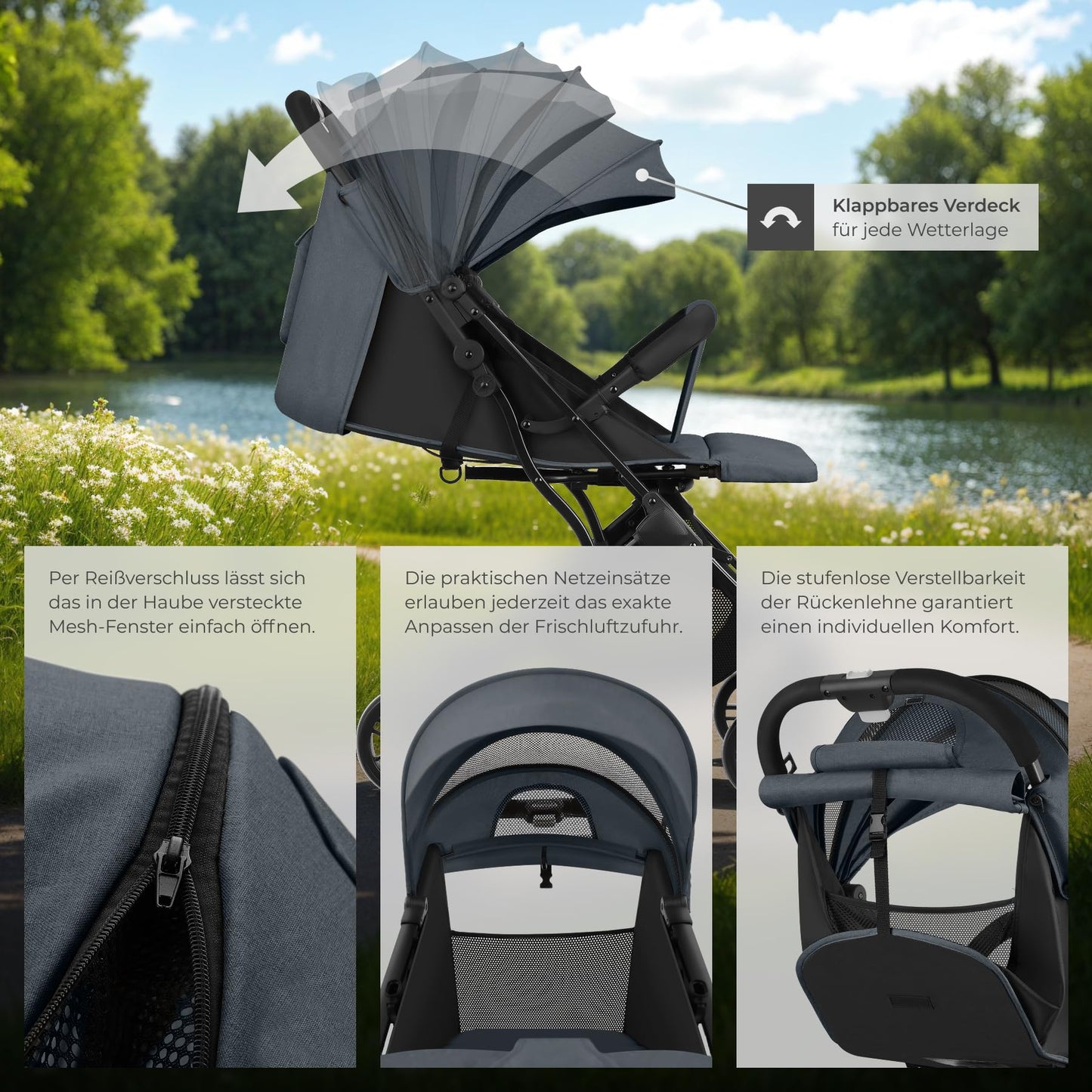 tectake® Buggy Kinderwagen von 0 bis 3 Jahre, Wagen für Baby Erstausstattung Neugeborene und Kinderbuggy, einhändig faltbarer Reisebuggy, Reisekinderwagen, Baby Wagen mit Verdeck - grau/beige - Meloni2