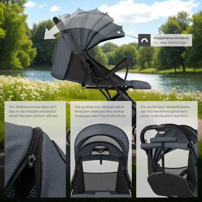 tectake® Buggy Kinderwagen von 0 bis 3 Jahre, Wagen für Baby Erstausstattung Neugeborene und Kinderbuggy, einhändig faltbarer Reisebuggy, Reisekinderwagen, Baby Wagen mit Verdeck - grau/beige - Meloni2