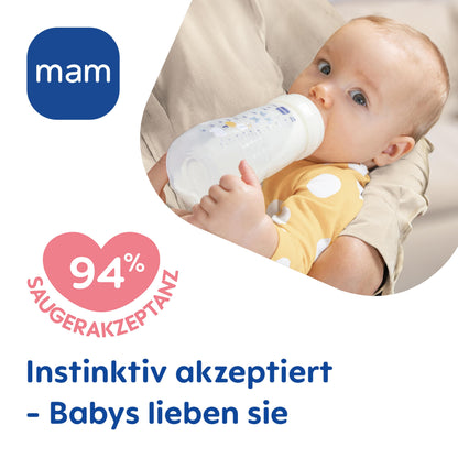 MAM Easy Active Trinkflasche im 2er-Set (330 ml), Baby Trinkflasche inklusive MAM Sauger Größe 2 aus SkinSoft Silikon, Milchflasche mit ergonomischer Form, 4+ Monate, Weltall - Meloni2