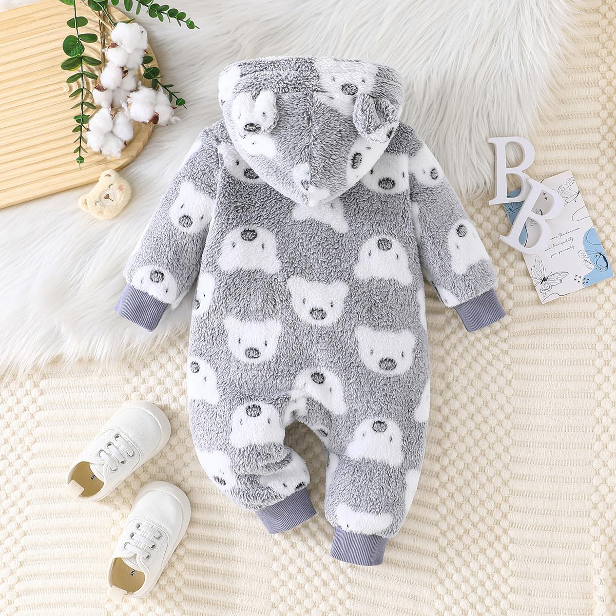 Yanmucy Newborn Baby Winter Romper with Hood Cartoon Bear Baby Snowsuit Warm Fleece Zip Baby Girl Boy Jumpsuit 0-18 Months