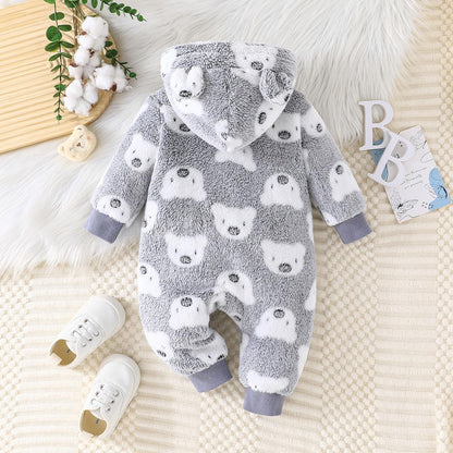 Yanmucy Newborn Baby Winter Romper with Hood Cartoon Bear Baby Snowsuit Warm Fleece Zip Baby Girl Boy Jumpsuit 0-18 Months