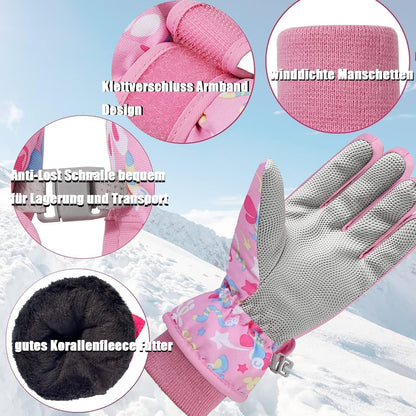 FAYHIJUN Children's Winter Snow Gloves Ski Gloves for 1-13 Years Girls Boys PU Palm Waterproof Windproof Warm Fleece Winter Gloves Cycling Gloves