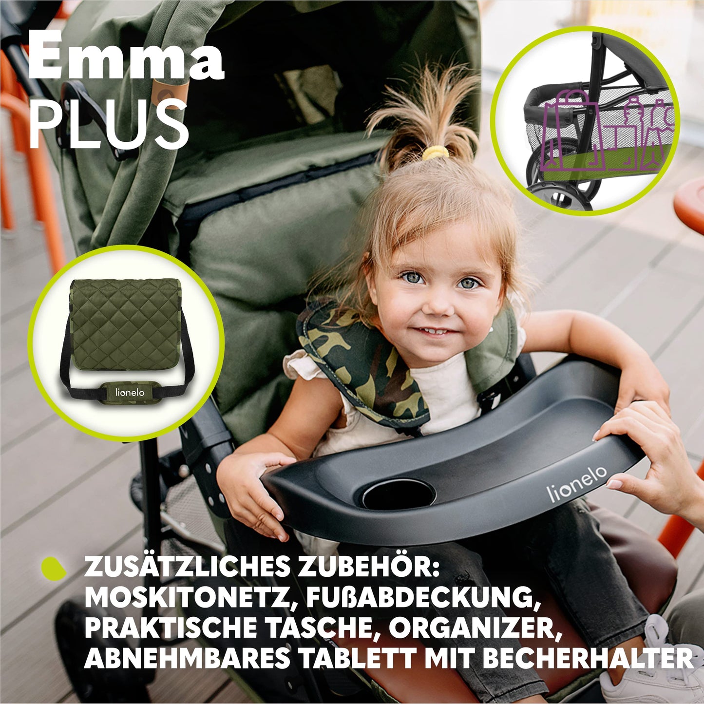 LIONELO Emma Plus Kinderwagen bis zu 15 kg, Kindersportwagen, leicht modern klein Buggy mit Liegeposition, zusammenklappbar, große Räder, großer Korb, Tasche Stone