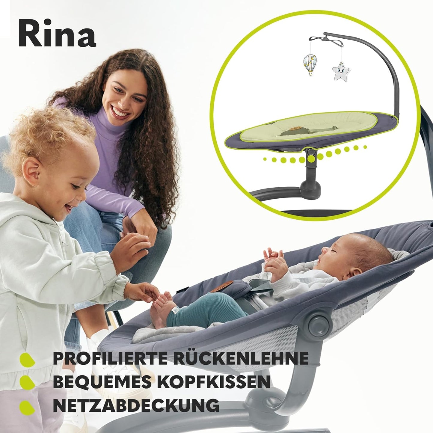 LIONELO Rina Baby Rocker and Deck Chair 2-in-1, Remote Control, 360° Rotating Seat, Two Swing Directions, 5 Swing Speeds, Locking, Backrest Adjustment, Timer, 12 Melodies