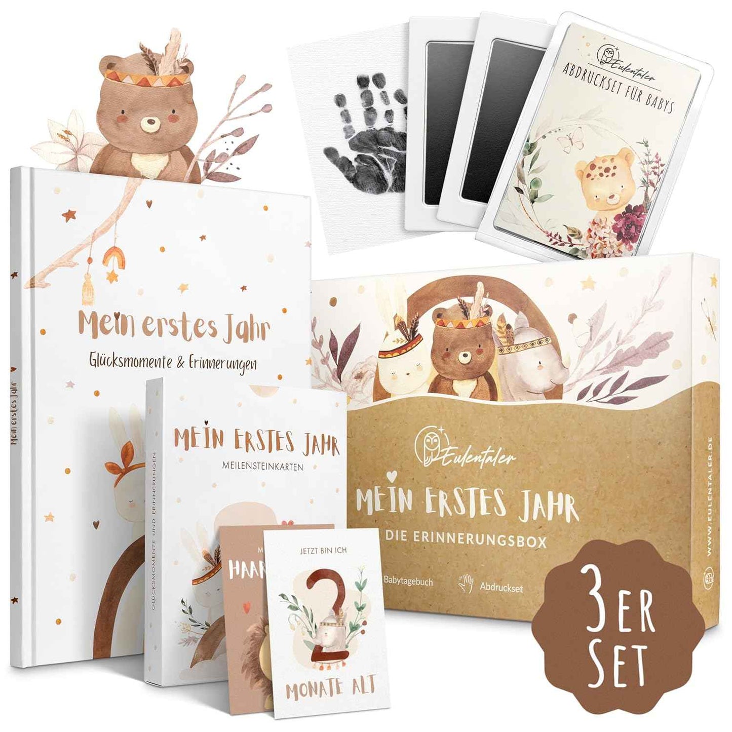 EULENTALER® Mein erstes Jahr I Die Erinnerungsbox 3in1 Sparset I Von Pädagogen gestaltet I Babyalbum, Meilensteinkarten, Baby Abdruckset I Geschenke zur Geburt & Babyparty I Für Jungen & Mädchen