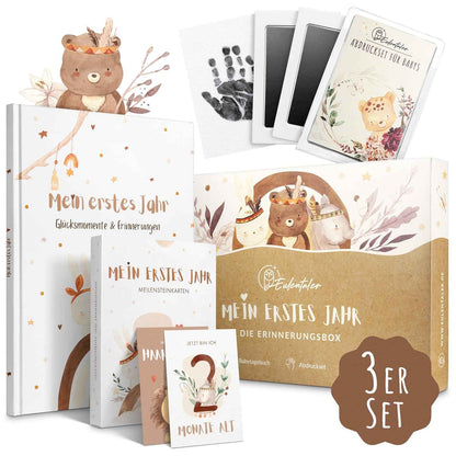 EULENTALER® Mein erstes Jahr I Die Erinnerungsbox 3in1 Sparset I Von Pädagogen gestaltet I Babyalbum, Meilensteinkarten, Baby Abdruckset I Geschenke zur Geburt & Babyparty I Für Jungen & Mädchen
