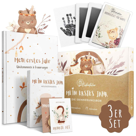 EULENTALER® Mein erstes Jahr I Die Erinnerungsbox 3in1 Sparset I Von Pädagogen gestaltet I Babyalbum, Meilensteinkarten, Baby Abdruckset I Geschenke zur Geburt & Babyparty I Für Jungen & Mädchen
