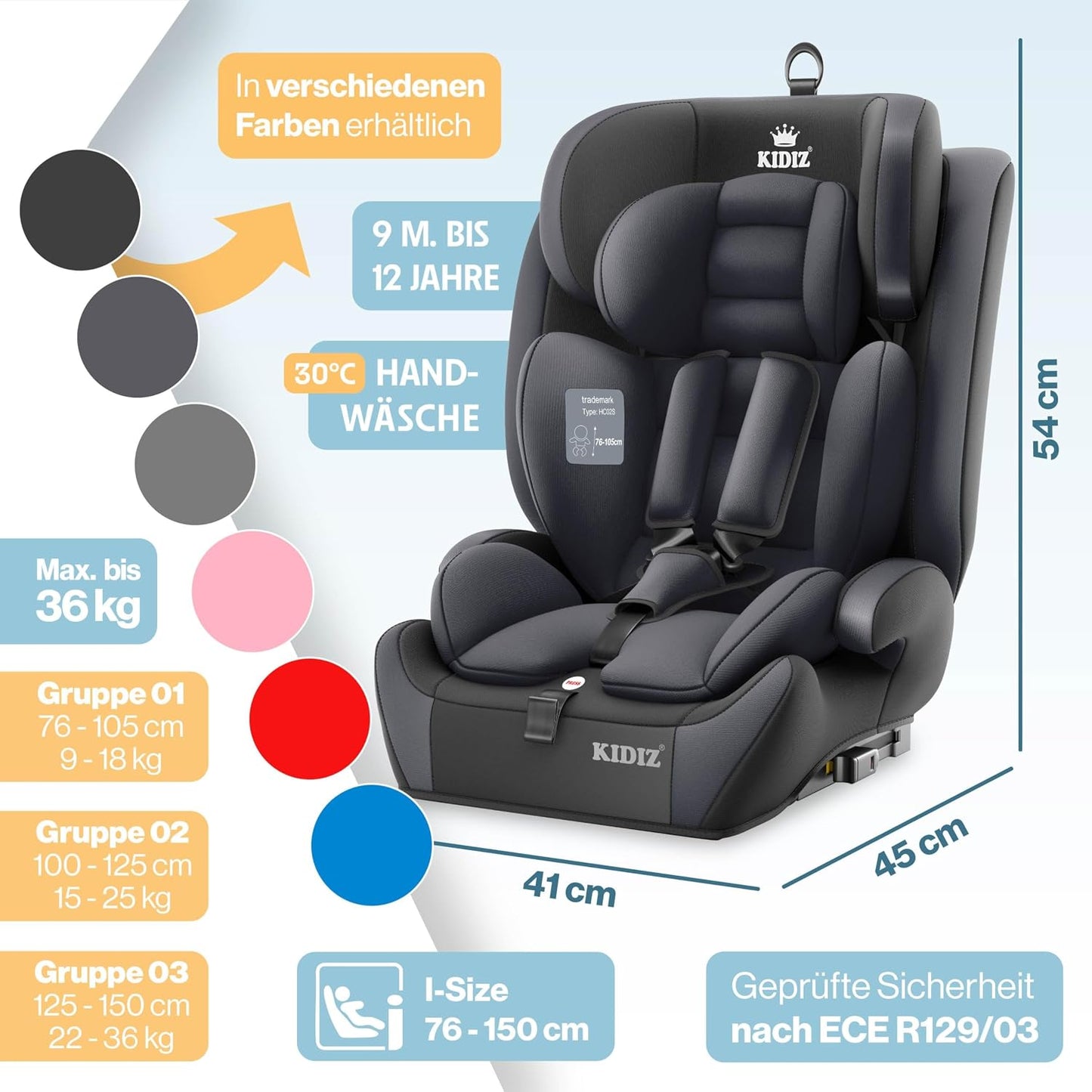 Autokindersitz mit Isofix i-Size R129 100-150cm bis 12 Jahre, Kinderautositz Gruppe 1/2/3, mitwachsender Kindersitz, 5-Punkt-Gurt & höhenverstellbare Kopfstütze, Sitzerhöhung Auto, Schwarz