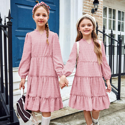 Arshiner Dress Girls Festive Flounce V-Neck Long Sleeve Dress Swiss Dot Chiffon Dress Children Tiered Dress A-Line Party Dress Wedding Princess Dress Swing Skater Dress 5-12 Years 
