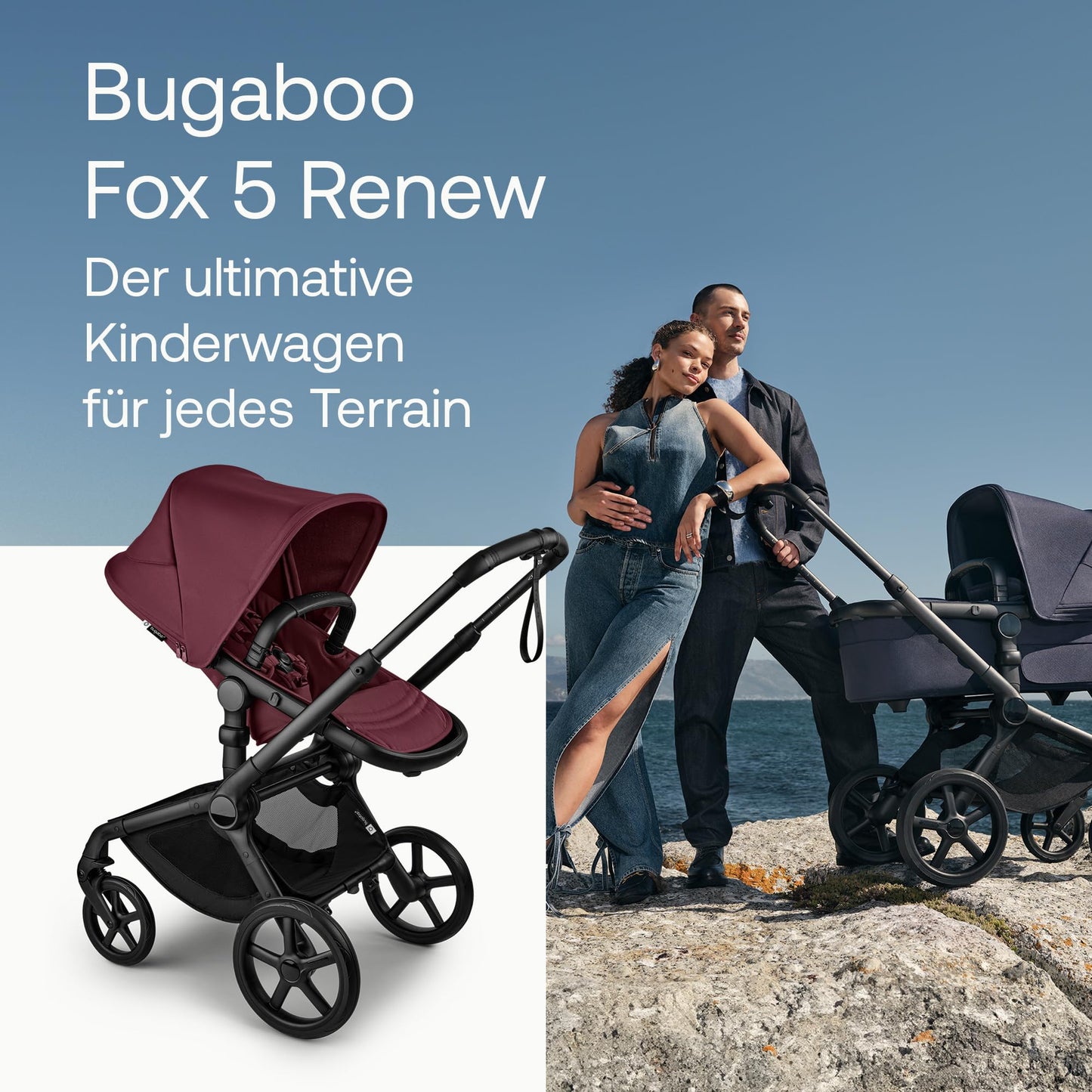 Bugaboo Fox 5, 2-in-1 Kinderwagen für jedes Gelände, mit Liegewanne und ausziehbarem Kleinkindsitz, einfach zu manövrieren und Ein-Hand Faltung, Fahrgestell in Schwarz und Sonnendach in Forest Green