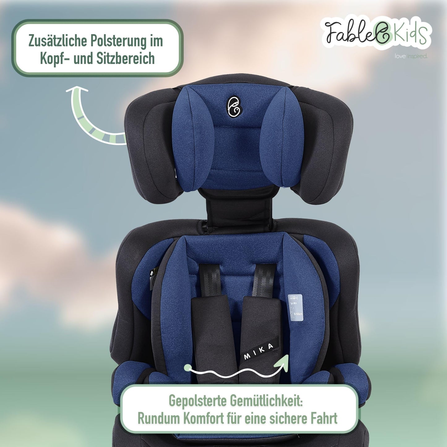 FableKids Kinderautositz 9-36 kg | 3-Punkt-Sicherheitsgurt | Autokindersitz ab 15 M. | Autositz für Kinder 76-150 cm | Kindersitz einstellbare Kopfstütze ECE R129/03 | Verstellbar | Schwarz