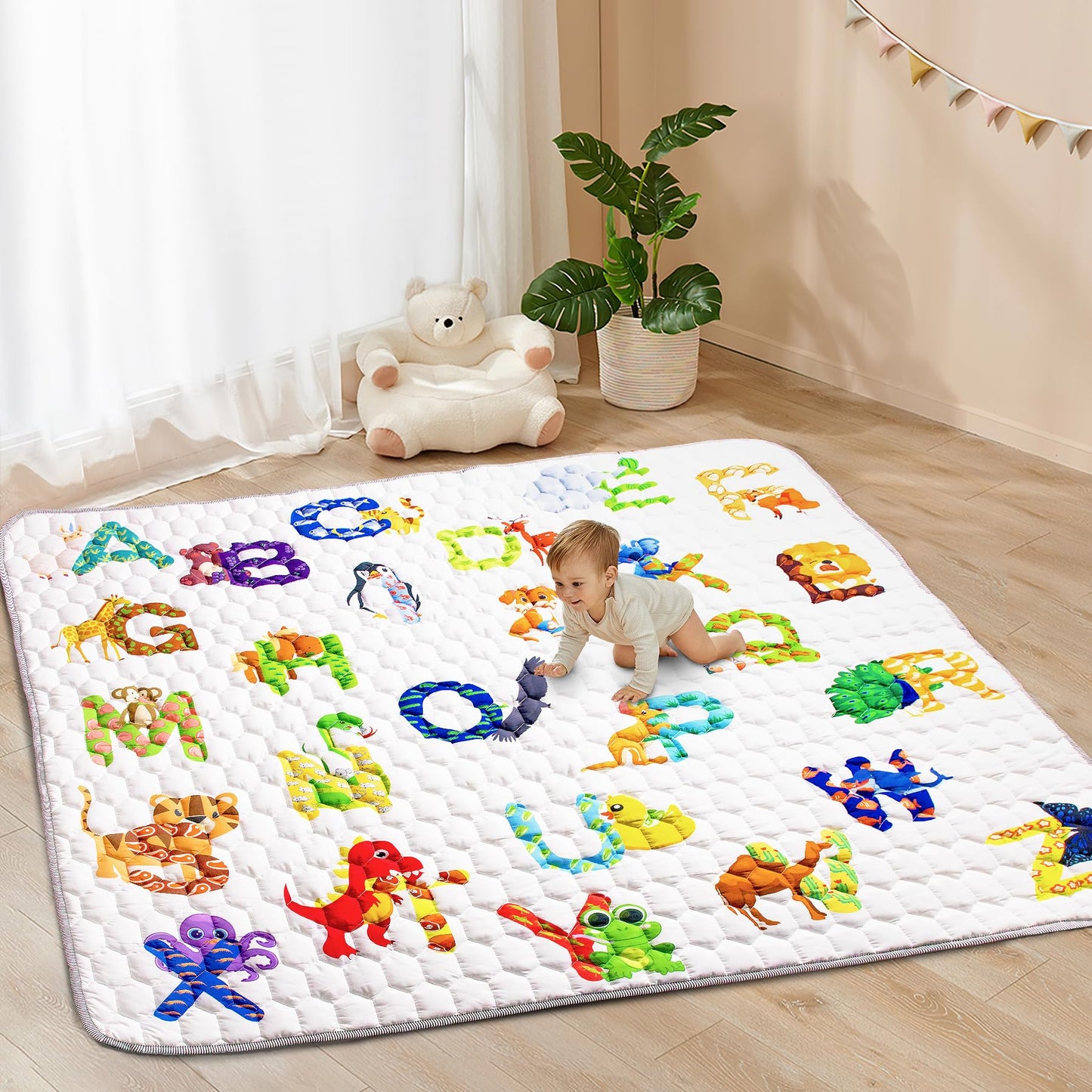 Funsland crawling carpet for babies, non-slip baby play mat, non-toxic 127x127cm, cotton animal crawling mat for babies, foldable with a height ruler, children's play mat for indoors/outdoors/fences 