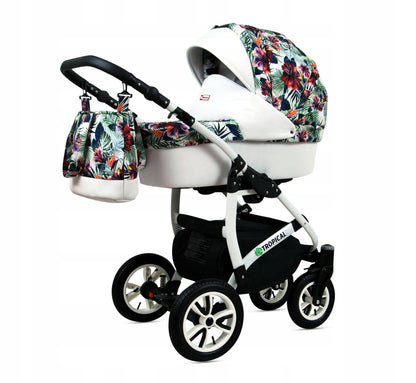 BabyLux® Bambimo Pushchair Set 3 in 1 - Tropical - incl. Baby Carrycot, Buggy Sports Seat, Car Seat - Pram Set - Combination Pram with Changing Bag, Rain Cover etc.