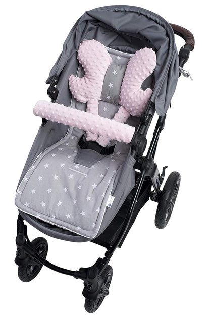 Sitzauflage Kinderwagen Buggy Baby Sommer Kindersitz Einlage Universal - 5tgl Gurtpolster + Spielbogen Kinderwagenset Babyschale (Safari mit beige Minky)