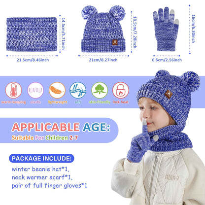 Children's Winter Hat Loop Scarf Touchscreen Gloves Set 2 3 4 5 6 7 Years Toddler Winter Hat Beanie Tube Scarf Knitted Pom Hats Gift Girls Boys