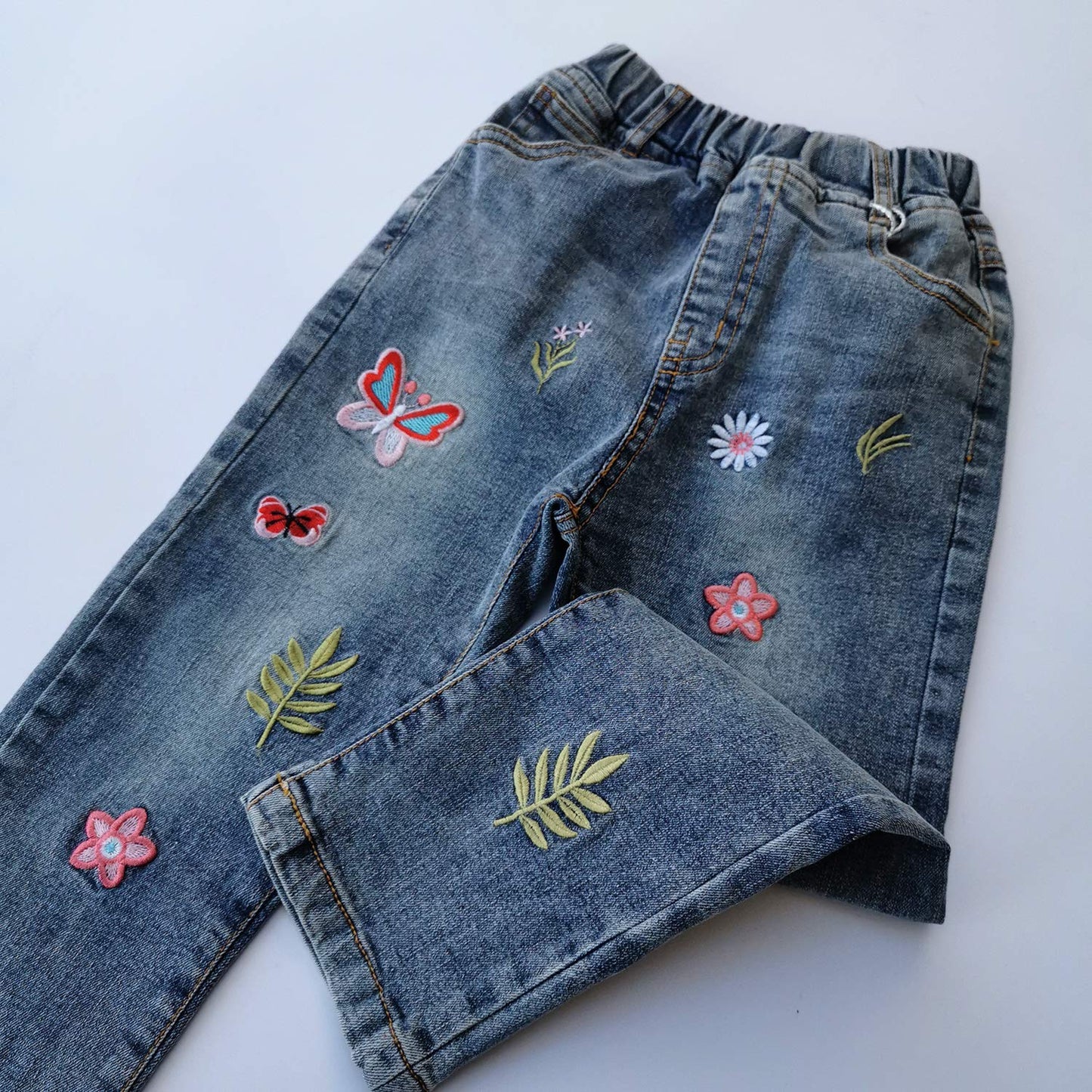 KIDSCOOL SPACE Girls Jeans Split Hem with RAL Edges Elastic Waist in High Elastic Wide Leg Denim Pants