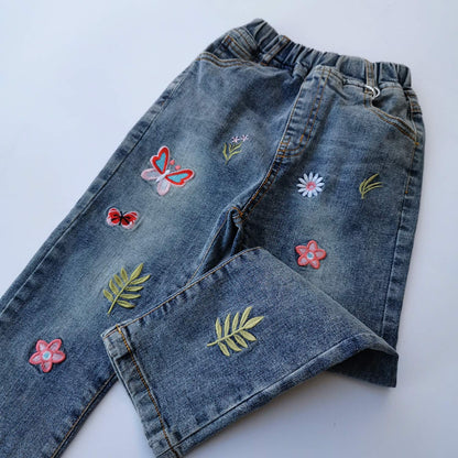 KIDSCOOL SPACE Girls Jeans Split Hem with RAL Edges Elastic Waist in High Elastic Wide Leg Denim Pants