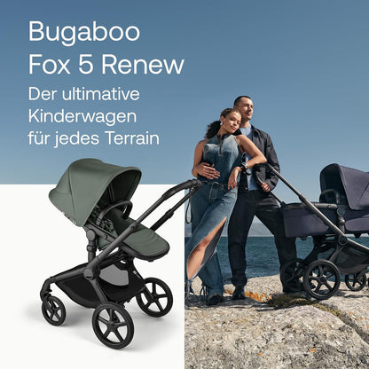 Bugaboo Fox 5 Renew, 2-in-1 Kinderwagen für jedes Gelände, mit Liegewanne | ausziehbarer Kleinkindsitz, praktische Ein-Hand Faltung, Fahrgestell in Schwarz und Sonnendach in Forest Green ab Lager