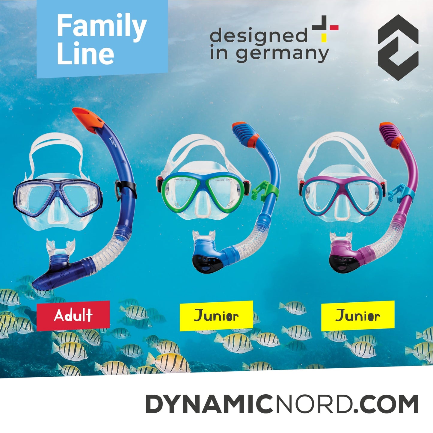 DYNAMICNORD - Kinder Schnorchelset – Designed in Germany – Profi Silikon 2er Set Tauchset Schnorchelset für Kinder (Taucherbrille, Trocken Schnorchel & Netztasche) mit Dry Schnorchel & Sicherheitsglas