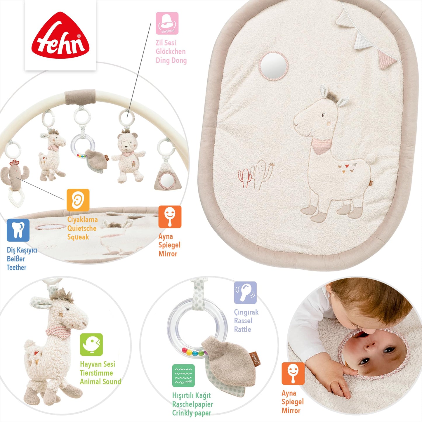 Fehn 3-D-Activity-Decke Spielbogen Peru – Baby Krabbeldecke mit 5 abnehmbaren Spielzeugen zum Greifen – Spieldecke für Babys und Kinder ab 0+ Monaten – Krabbelmatte als Geschenk zur Geburt