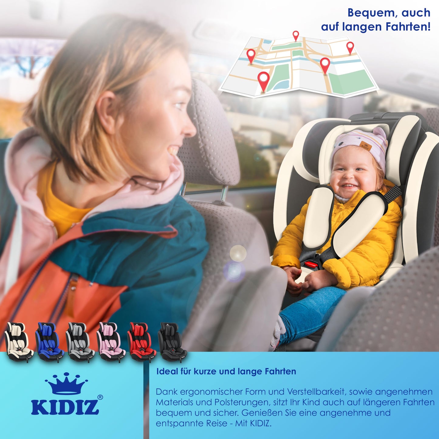 KIDIZ® Autokindersitz Kinderautositz Gruppe 1+2+3 9-36 kg 5-Punkt-Sicherheitsgurt, Autositz, Kindersitz, Einstellbare Kopfstütze, Mitwachsende Sitzerhöhung 1-12 Jahre, Stabil und Sicher